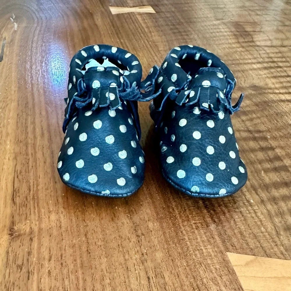 Freshly Picked Fringe Leather Moccasins Black Gold Polka Dots.